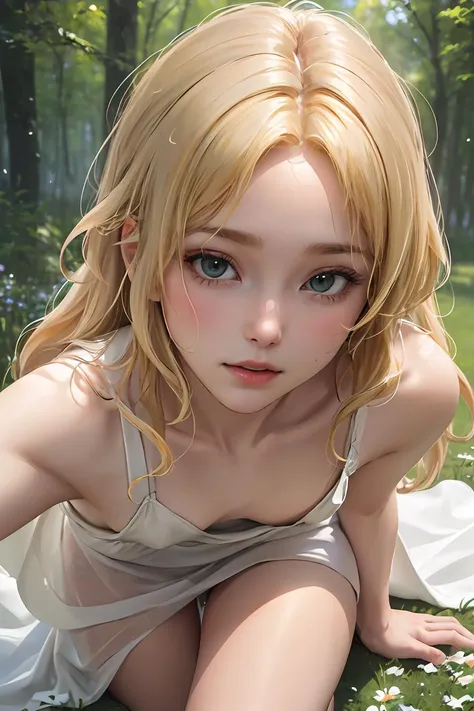 (masterpiece, best quality:1.4), Young blonde beauty, (((adult, neat girl))), detailed blue eyes, long eyelashes, blush, kind smile, horny, upper body, topless, small ass, round ass, thong micro skirt, (looking at viewer), beautiful blonde hair, white-skinned, (bangs:1.3), (from above:1.1), (small breasts), (mushroom forest, colorful celestial forest, beautiful and magnificent pink sunshine, majestic sky), natural light, pastel colors