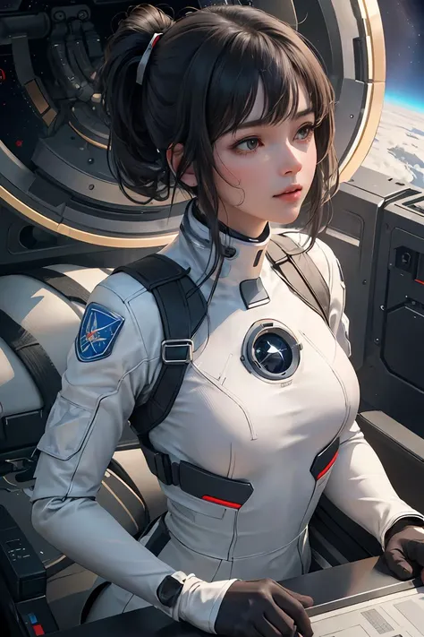 (ultra high res,photorealistic,realistic,best quality,photo-realistic), (8k, raw photo, best quality, masterpiece), ((nsfw)), (photon mapping, radiosity, physically-based rendering,automatic white balance), technological sense, best quality, masterpiece, illustration,CG ,unity ,wallpaper, official art, Amazing, finely detail, an extremely delicate and beautiful,extremely detailed, highly detailed, sharp focus,rich background,blurry background, (real person,photograph), (((high detailed skin,visible pores))), (((face close-up))), ((small breasts)), A female astronaut floats effortlessly in the vast expanse of space. Her form-fitting spacesuit is adorned with various patches and badges that indicate her rank and accomplishments. The helmet visor reflects the deep blues and dark blacks of the universe around her. Her gloved hands grasp onto a handle on the exterior of the spacecraft, as she performs maintenance tasks with precision and focus. Despite the isolation and danger of her surroundings, she remains composed and alert, a testament to her years of training and dedication to her profession.
