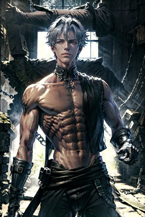 Ultra-precise depiction, Ultra-detailed depiction, masterpiece, best quality, man, male, tall muscular guys, skinny muscular body, broad shoulders, handsome, perfect face, angular jaw, extremely detailed eyes, relaxed lips, big arms, low_angle, look_at_viewer, ruins, red_eyes:1.9, silver hair, open chest, leather gloves, dark fantasy, bonedage_wear, hard shadows, god rays, <lora:betterLight_v10:0.7>, <lora:EnhancedBacklighting_v10:0.7>