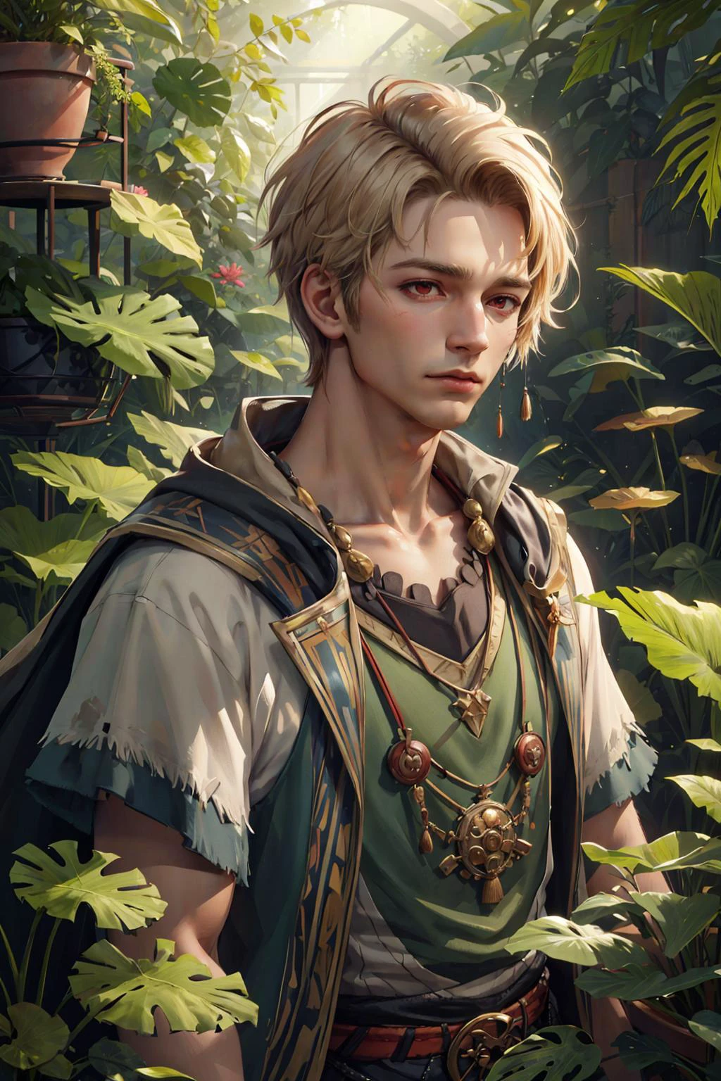 (masterpiece, best quality:1.2),
(1man, thin adult european male:1.2), red eyes, medium blonde hair, short back and sides,
character focus, portrait, solo, half shot, looking up, detailed background, detailed face, (<lora:CulturePunkBundle:0.5>, zulupunkai, zulu theme:1.1), botanist, potted plants, glowing plants, greenhouse effect, floating plants, healing magic, lotus, wild growth, herbs, seeds, mushrooms, ferns, science, botanical garden in background, low light, magical atmosphere,