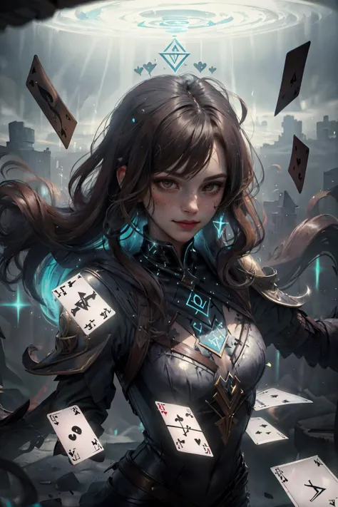 (masterpiece, best quality:1.2),
1 girl, adult woman, freckles, dark brown eyes, light brown wavy hair,
portrait, solo, half shot, detailed background, detailed face, (<lora:GlowingRunesAIV6:0.8>, GlowingRunesAIV2_paleblue, glowing runes theme:1.1), malicious smirk , (card-wizard:1.05), swindler, black magician outfit, dynamic pose, (cards floating in the air:1.15), glowing magical symbols, colorful ribbons in background, updraft, ethereal atmosphere,
<lora:zaunT_zaunV1:0.3>,