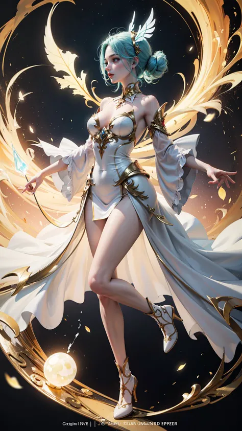 (fantasy, official art), novel illustration, (best quality, masterpiece:1.2), (extremely intricate detail), extremely delicate and beautiful,
(beautiful and aesthetic:1.2), (cute, pretty, pale skin), dynamic pose, dynamic angle, full body, profile,
glowing effect, ethereal glow, electricity, light particles floating, white and golden artifacts, transcendent realms, abstract background, electric creature, vibrant auras, arcane energies, euphoric harmonies, whispers of magic, shiny skin,