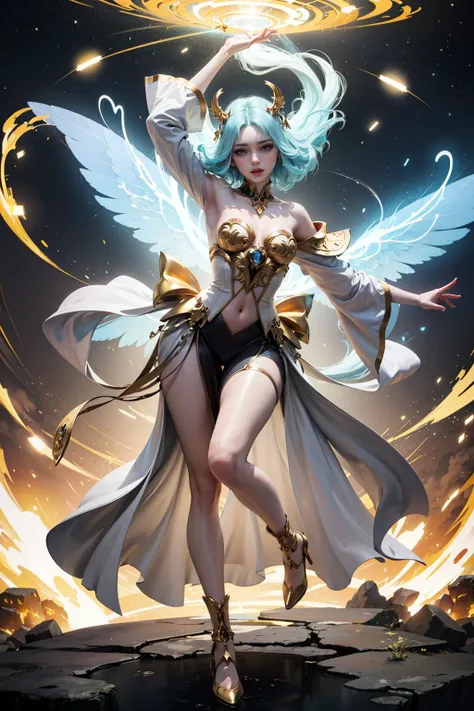 Bold spangled graphic illustration, dynamic pose, bioluminescent gold glow, glowing constellation tattoos, light fantasy, warrior garments, white gold lights, dreams, starry night, splash art, photo, 8k, shot on camera Canon 1DX, 50 mm f/2.8 lens, raw, one magnificent messenger angel, whole body, electric blue fire electric lasers coming from her eyes, huge white and gold wings, modest clothing, masculine armor, glowing constellation tattoos across her skin and face, deadly, fully clothed, short straight blonde hair, flowing ornate white gold gown, glowing tattoos, constellations, caring expression, fully clothed, empress, warrior, bokeh in the style of da Vinci.