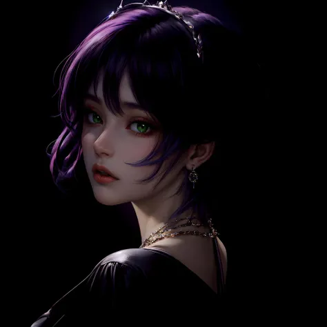 from below, low angle, looking down at viewer, looking back, parted lips, short hair, contours, solo, from behind, green eyes, purple hair, short hair, svelte figure, earrings, necklace, piercings, rose and thorns tiara, chiaroscuro:1.2, <lora:LowRA:0.5>, (((extremely dark background))), <lora:add_detail:0.8>