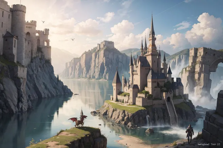 (masterpiece:1.2, best quality), Scenery, landscape, dragon, fantasy wourld, knight, castle