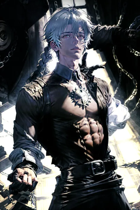 Ultra-precise depiction, Ultra-detailed depiction, masterpiece, best quality, man, male, tall muscular guys, skinny muscular body, broad shoulders, handsome, perfect face, angular jaw, extremely detailed eyes, relaxed lips, big arms, low_angle, look_at_viewer, ruins, red_eyes:1.9, silver hair, open chest, leather gloves, dark, corpse_background, bonedage_wear, hard shadows, god rays, <lora:betterLight_v10:0.4>, <lora:EnhancedBacklighting_v10:0.8>