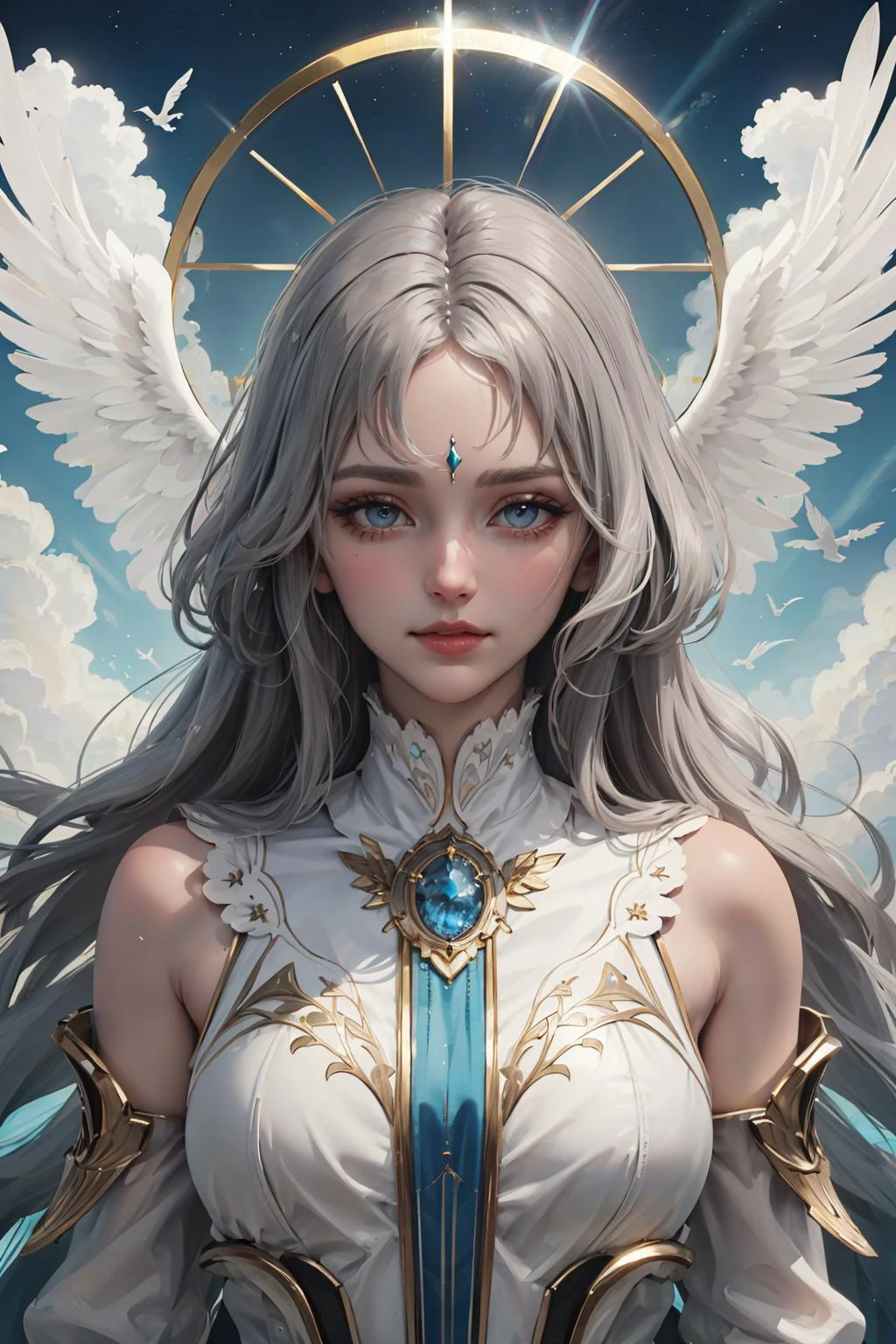 (masterpiece, best quality:1.2),
(1man, old male:1.2), frail, grey-blue eyes, graying hair, textured fringe,
portrait, looking at viewer, solo, upper body, detailed background, close up, shining (<lora:artdecoai_v10:0.3>, ArtDecoAI, 1920s art deco theme:1.1), divine deity of the skies, sunshine, flying, birds, floating feathers in the air, clouds in background, majestic divine atmosphere, bright light, holy aura, bloom, divine light, white clothes, arms reaching, ray of light,