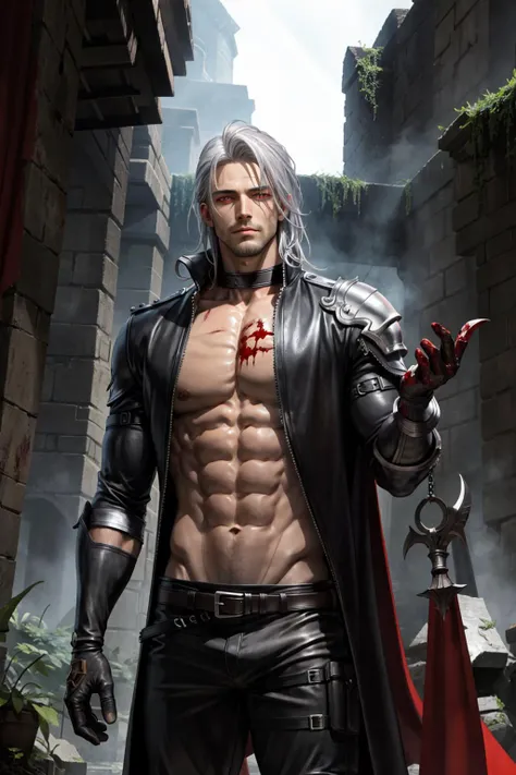 Ultra-precise depiction, Ultra-detailed depiction, masterpiece, best quality, man, male, tall muscular guys, skinny muscular body, broad shoulders, handsome, perfect face, angular jaw, extremely detailed eyes, relaxed lips, big arms, low_angle, look_at_viewer, ruins, red_eyes, silver hair, black leather armor, open chest, leather gloves, dark, night background, bonedage_wear, blood:1.5, Bloody:1.7, for "La Mort de Marat", hard shadows, god rays,