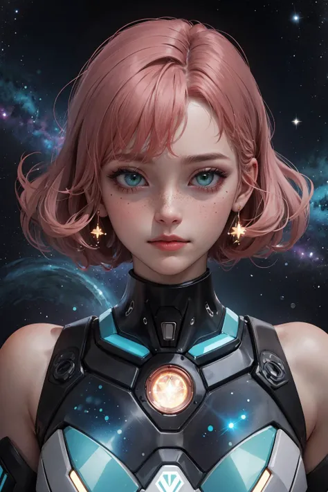(masterpiece, best quality:1.2),
1 girl, adult woman, freckles, teal eyes, copper sleek hair,
solo, half shot, looking at viewer, detailed background, detailed face, (1980s synthwave theme:1.1) (glowing eyes:1.05), embodied star constellation, star sign, horoscope, calm composure, occult, cancer, esoteric patterns, interstellar power, galaxies, bright green lights, cosmic light, aura, bloom, metaphysics, reincarnation, floating particles, stardust, backlighting, cosmic space background, surreal esoteric atmosphere,