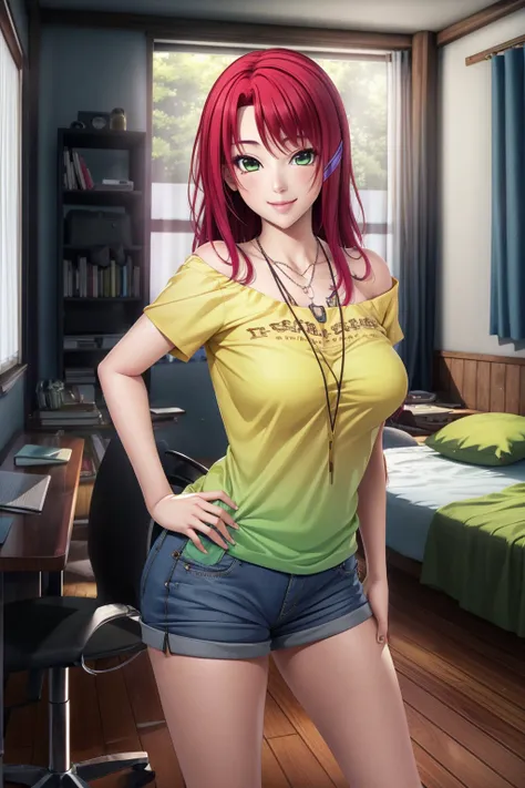 masterpiece, best quality, <lora:yukimura_touko-10:0.7>,yukimuratouko_hm, 1girl, solo, long hair, breasts, looking at viewer, smile, shirt, green eyes, collarbone, red hair, hairclip, indoors, necklace, hand on hip, window, bed, chair, curtains, desk, yellow shirt, wooden floor, bookshelf, bedroom <lora:LowRA:0.6>