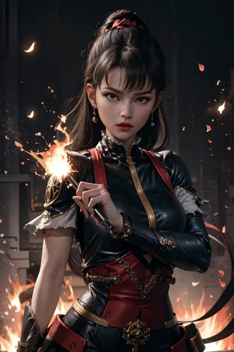 1girl, solo, csf, upper body, fighting stance, fire, particle effects, <lora:csf:0.8>, (masterpiece, best quality, highres)