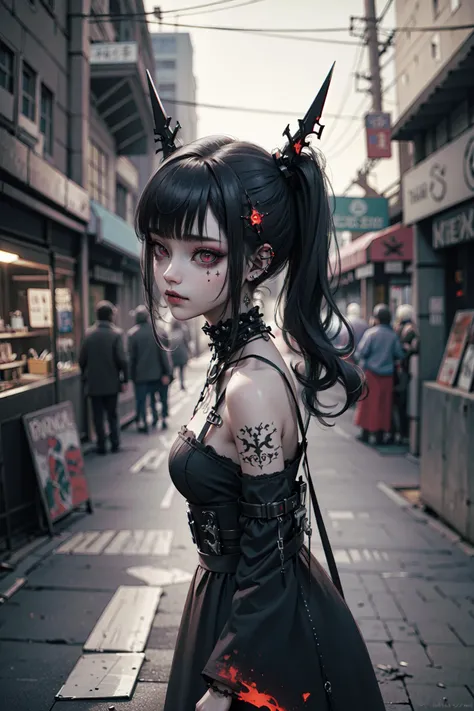 ((best quality, masterpiece, absurbres))(extreme detailed, highest detailed, official art, beautiful and aesthetic:1.2), depth of field, composition, (Red Glow), night time, Goth_punk <lora:Gothpunk_V2:0.7>