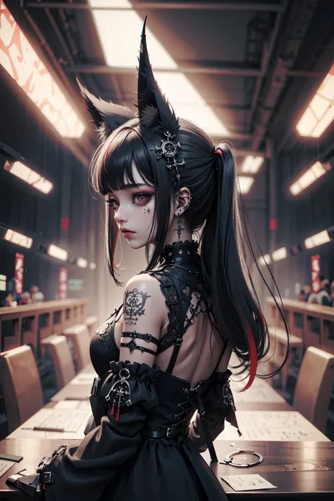 ((best quality, masterpiece, absurbres))(extreme detailed, highest detailed, official art, beautiful and aesthetic:1.2), depth of field, composition, (Red Glow), night time, Goth_punk <lora:Gothpunk_V2:0.7>