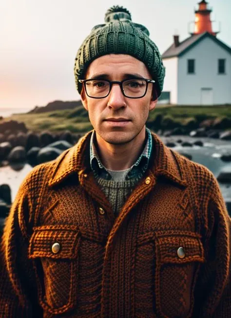 ( <lora:WoodyAllen:.85>) a close up Portrait photo of (wa1) man with messy hair and glasses, Detailed face, (perfect eyes), (highly detailed skin:1.1), perfect body, wearing a ((Lighthouse keeper: Long oilskin coat, knitted sweater, beanie hat, work boots, binoculars)), Modelshoot style, Professional Photography, soft lighting, PHOTOREALISTIC, Realistic, standing in a dark studio background, blurred background, volumetric fog,. RAW, analog style, sharp focus, 8k, HD, DSLR, high quality, Fujifilm XT3, film grain, award winning, masterpiece,