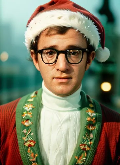 ( <lora:WoodyAllen:1>) a close up Portrait photo of (wa1) man with glasses, Detailed face, (perfect eyes), (highly detailed skin:1.1), body, wearing a ((Light green Brocade Embroidered Performance leggings and Periwinkle Polyester Fleur-de-lis Turtleneck sweater and Moccasins and Santa Claus hat and Anklet)), Modelshoot style, Professional Photography, soft lighting, PHOTOREALISTIC, Realistic, standing in A vibrant coral reef, teeming with a rainbow of colorful fish and intricate marine life. background, blurred background, volumetric fog,. RAW, analog style, sharp focus, 8k, HD, DSLR, high quality, Fujifilm XT3, film grain, award winning, masterpiece,