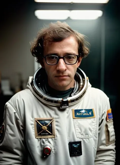 (<lora:WoodyAllen:1>) ,a Portrait photo of (wa1) man wearing glasses with messy hair, Detailed face, (perfect eyes), (highly detailed skin:1.1), perfect body, ((wearing astronaut costume)), Modelshoot style, Professional Photography, soft lighting, PHOTOREALISTIC, Realistic, standing in a dark studio background, blurred background, volumetric fog,. RAW, analog style, sharp focus, 8k, HD, DSLR, high quality, Fujifilm XT3, film grain, award winning, masterpiece,