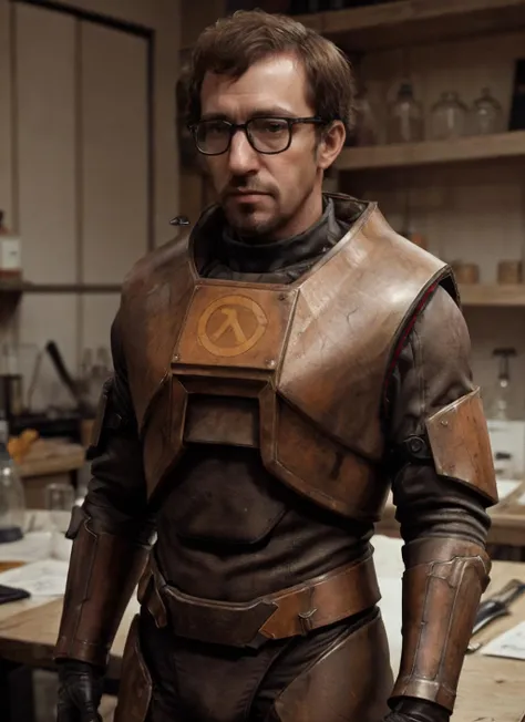 HDR, 8K resolution, intricate detail, sophisticated detail, depth of field, photorealistic, sharp focus, a man with glasses and wearing hevsuit mk5 standing in a lab, gordon freeman, realistic skin, realistic armor textures, armor shine, ultra realistic, <lora:hevsuit:0.45> <lora:add_detail:0.25> <lora:WoodyAllen:0.75>