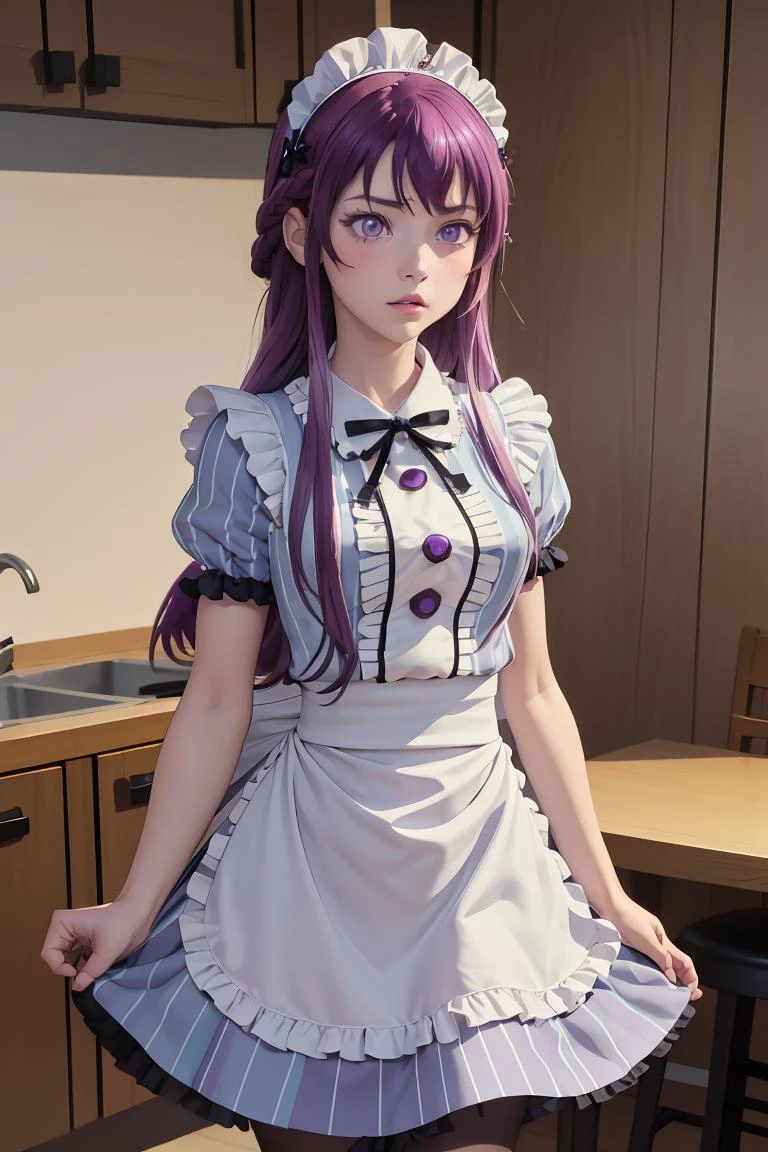 (masterpiece, best quality), 1girl, <lora:makuzawa_ouka_v1:1> 1girl, solo, long hair, purple hair, braid, maid headdress, purple eyes, neck ribbon, frills, vertical stripes, blue dress, short sleeves, apron, black pantyhose