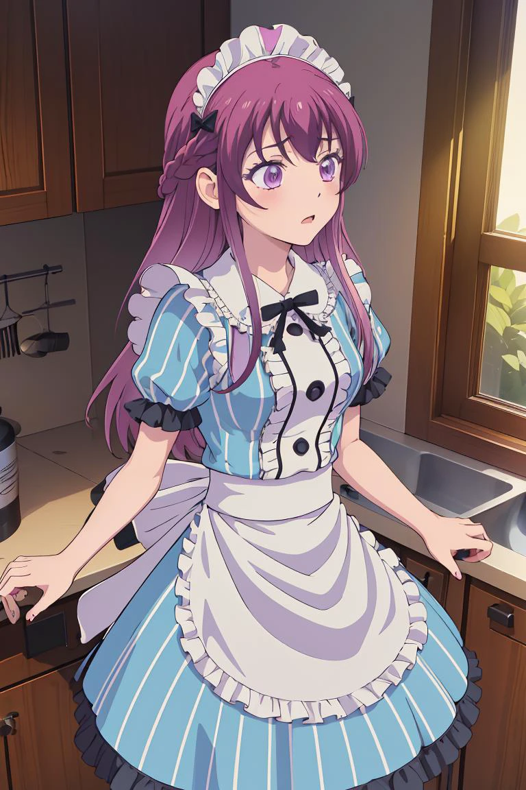 (masterpiece, best quality), 1girl, <lora:makuzawa_ouka_v1:1> 1girl, solo, long hair, purple hair, braid, maid headdress, purple eyes, neck ribbon, frills, vertical stripes, blue dress, short sleeves, apron, black pantyhose