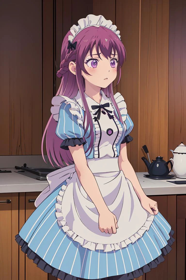 (masterpiece, best quality), 1girl, <lora:makuzawa_ouka_v1:1> 1girl, solo, long hair, purple hair, braid, maid headdress, purple eyes, neck ribbon, frills, vertical stripes, blue dress, short sleeves, apron, black pantyhose