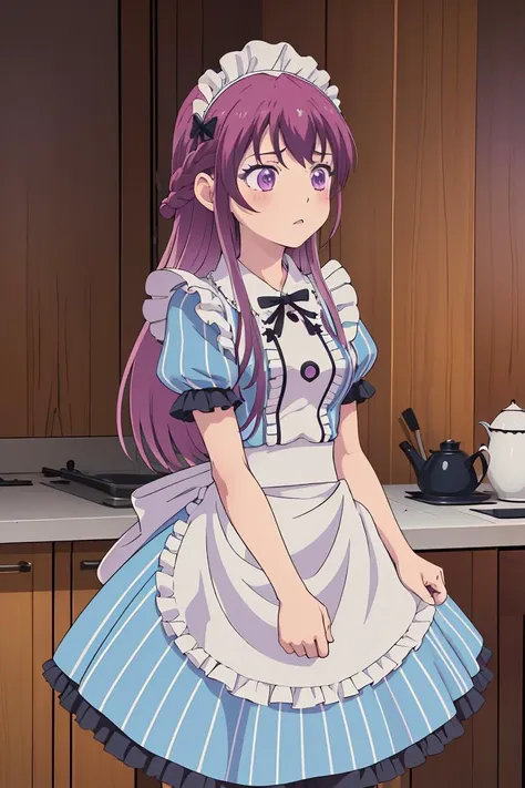 (masterpiece, best quality), 1girl,     <lora:makuzawa_ouka_v1:1> 1girl, solo, long hair, purple hair, braid, maid headdress, purple eyes, neck ribbon, frills, vertical stripes, blue dress, short sleeves, apron, black pantyhose