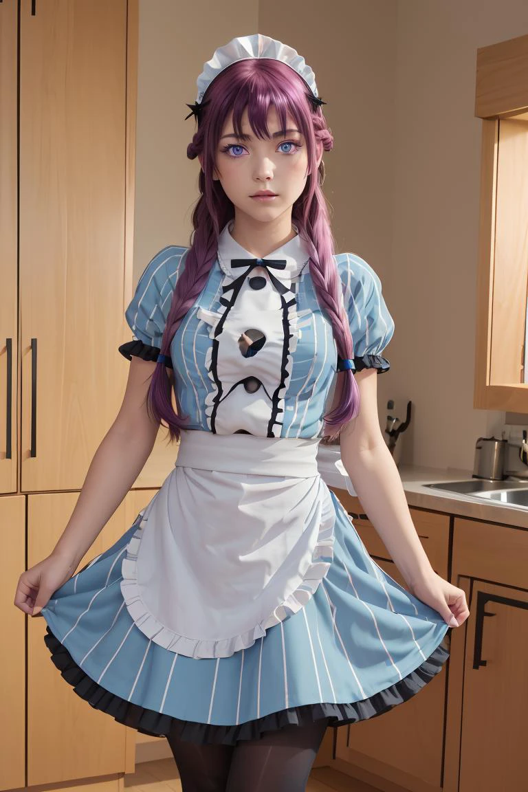 (masterpiece, best quality), 1girl, <lora:makuzawa_ouka_v1:1> 1girl, solo, long hair, purple hair, braid, maid headdress, purple eyes, neck ribbon, frills, vertical stripes, blue dress, short sleeves, apron, black pantyhose