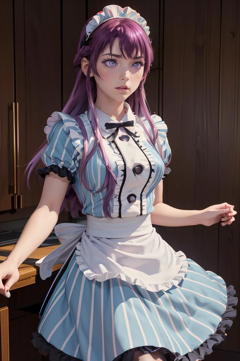 (masterpiece, best quality), 1girl, <lora:makuzawa_ouka_v1:1> 1girl, solo, long hair, purple hair, braid, maid headdress, purple eyes, neck ribbon, frills, vertical stripes, blue dress, short sleeves, apron, black pantyhose