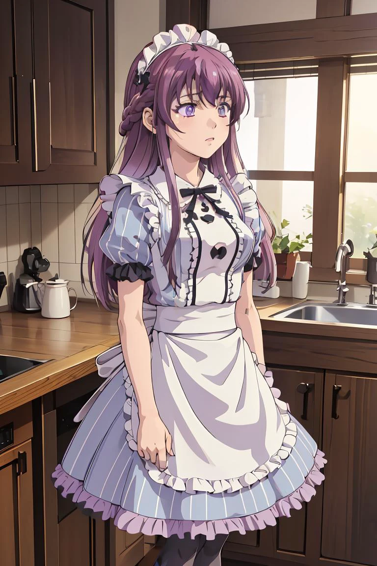 (masterpiece, best quality), 1girl, <lora:makuzawa_ouka_v1:1> 1girl, solo, long hair, purple hair, braid, maid headdress, purple eyes, neck ribbon, frills, vertical stripes, blue dress, short sleeves, apron, black pantyhose