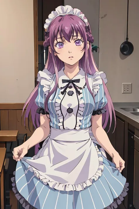 (masterpiece, best quality), 1girl,     <lora:makuzawa_ouka_v1:1> 1girl, solo, long hair, purple hair, braid, maid headdress, purple eyes, neck ribbon, frills, vertical stripes, blue dress, short sleeves, apron, black pantyhose