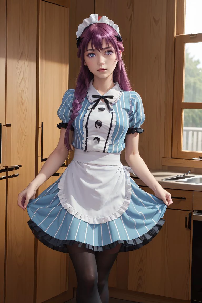 (masterpiece, best quality), 1girl, <lora:makuzawa_ouka_v1:1> 1girl, solo, long hair, purple hair, braid, maid headdress, purple eyes, neck ribbon, frills, vertical stripes, blue dress, short sleeves, apron, black pantyhose