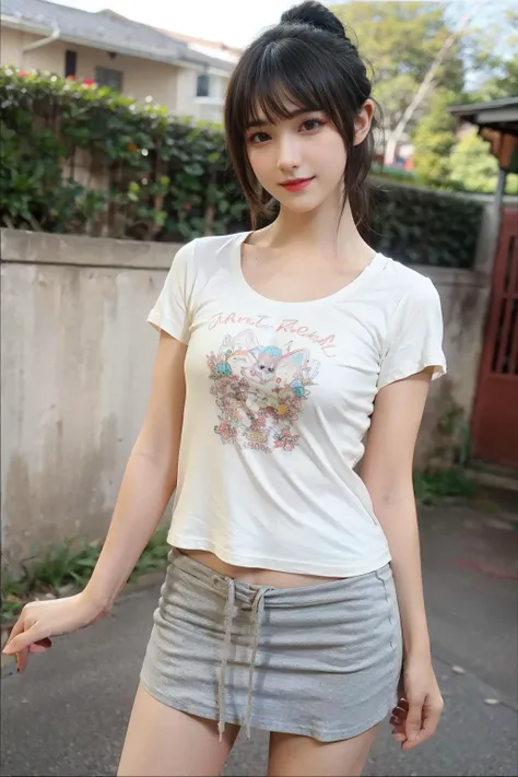 best quality,HDR,UHD,8K,Vivid Colors,solo,front mirror,photo_(medium),cute & girly,(1girl:1.3),standing,outdoors,(looking at viewer:1.4),<lora:1.5_perfect hands:0.8>,<lora:chinese-girl:0.7>,full_body,audience oriented,right to the lens,textless version,<lora:kawai:0.6>,white t-shirt,mini skirt,gray skirt,wrong hip skirt,, best quality, masterpiece, (realistic, photo-realistic:1.37),ultra high res,highres,, illustration. media, delicate,8k wallpaper,soft light,official art,professional lighting, photon mapping, radiosity, physically-based rendering,1girl,