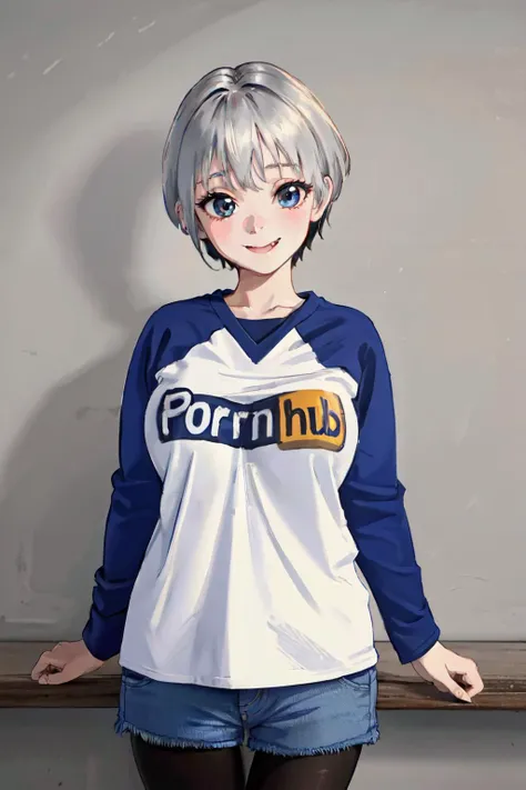 pornhub <lyco:Saya-pornhub(clothes):1.0>uh1, shirt, raglan sleeves, romaji text, clothes writing, long sleeves, denim shorts, pantyhose, fang, large breasts,grey hair,
(best quality, masterpiece, RAW photo,ultra-detailed:1.2), <lyco:GoodHands-beta2:1.0>,1girl,solo,looking at viewer,smile <lora:uzaki_hana:0.6>
