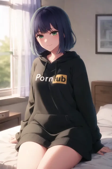 (high quality, high resolution:1.3), 4k, masterpiece, detailed background, indoors, room, messy room, 
BREAK
1girl, solo, [<lora:Saya-pornhub(clothes)2:1>#cmd\(cooldown\(0.5\)\)], pornhub, <lora:akane:0.9> ,akane, hoodie, medium hair, smile, green eyes, on bed, sitting, <lora:NoiseOffset_v2:1.0><lora:NoiseOffset_v2:1.0>