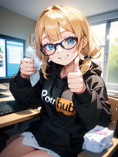 1girl 22 years old, light-blonde hair, long twin-tails, blue eyes, wear glasses, smile, grin, pornhub, hoodie, (thumbs up and holding a tissue), medium shot, computer room, <lyco:Saya-pornhub(clothes):1.0>