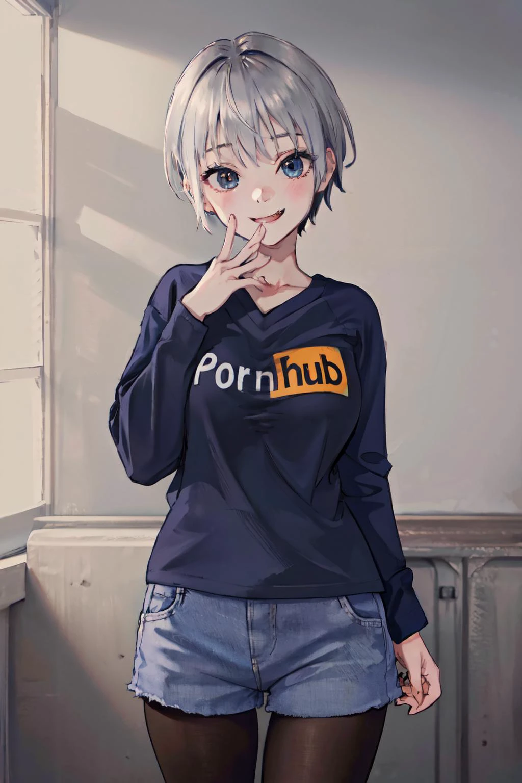 pornhub <lyco:Saya-pornhub(clothes):1.0>uh1, shirt, raglan sleeves, romaji text, clothes writing, long sleeves, denim shorts, pantyhose, fang, large breasts,grey hair,
(best quality, masterpiece, RAW photo,ultra-detailed:1.2), <lyco:GoodHands-beta2:1.0>,1girl,solo,looking at viewer,smile <lora:uzaki_hana:0.6> bust shot,