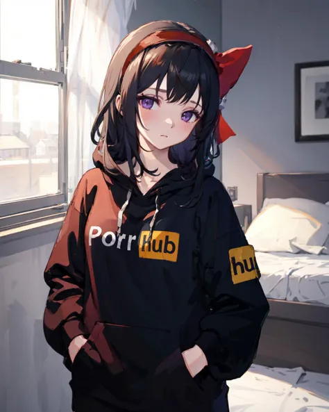 1girl,solo,black hair,very long hair, red hairband, hair bow, hair ribbon, purple eyes,
pornhub,hoodie,((hand in pocket)), indoors,bedroom, large breasts,
<lora:Saya-pornhub(clothes):1>, <lora:AkumaHomuraBlackDress:0.9>