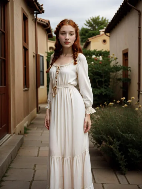 photograph of <lora:simonetta:0.8> Simonetta, young-maiden, braided-red-hair, wearing a long-white-dress, standing on a cobble-stone-street, renaissance era <lora:time_slider_v1:-8>, olan mills photograph