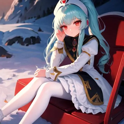 winter coat,standing,whole view,mountain background,sit on a chair,hot chocolate,outside, <lora:vanilla_h:0.8>,dress, frills, juliet sleeves, long hair, long sleeves, ponytail, puffy sleeves, white dress, pantyhose, white pantyhose, white legwear, thighhighs, frilled skirt, white footwear, white skirt, drill hair, hat,green hair,red eyes, 8k,rtx,1girl, masterpiece, best quality, illustration, absurdres, extremely detailed face, perfect lighting