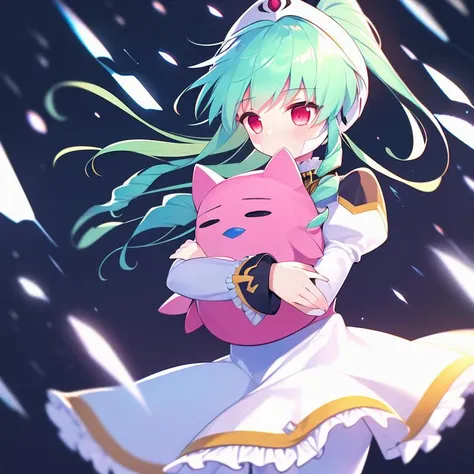 1girl, solo, masterpiece, best quality, illustration, absurdres, cute, film_grain, extremely detailed face, perfect lighting, cowboy shot, <lora:vanilla_h:0.9>, vanilla_h_galaxy_angel, green hair, dress, frills, green hair, juliet sleeves, long hair, long sleeves, ponytail, puffy sleeves, red eyes, white dress, pantyhose, white pantyhose, white legwear, thighhighs, science fiction, frilled skirt, white footwear, white skirt, drill hair, hat, hugging object, stuffed animal, stuffed toy, holding, holding stuffed toy, pink stuffed toy,