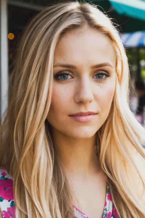 ndv piercing eyes, looking straight, very happy,long blonde hair, wearing a floral sundress, closeup portrait, in a outdoor cafe in 2015, afternoon light,<lyco:NinaDobrev-RealVision-V1.0:1.0>