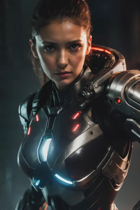 ndv, ((best quality)), ((masterpiece)), (detailed), Midjourney Style, close-up, woman, robot, red eyes, concept art, inspired by Marek Okon, digital art, Crysis Nanosuit, futuristic, (glowing elements:1.1), 4:3 aspect ratio, dynamic duo,<lyco:NinaDobrev-RealVision-V1.0:1.0>