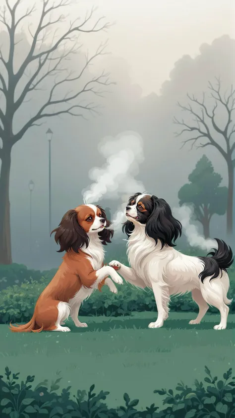 cartoon, drawing, 2d flat illustration of few cute dogs playing with each other in a middle of cozy royal garden, Phalene continental toy spaniel with brown-white long coat, surreal fog in background, pixel art effect
BREAK complement colors, vector graphics, sharp outline, flat shading, sticker NOBLEDOGS_CTS, <lora:NOBLEDOGS_CTS-000018:0.67> ImgFixerPre0.3