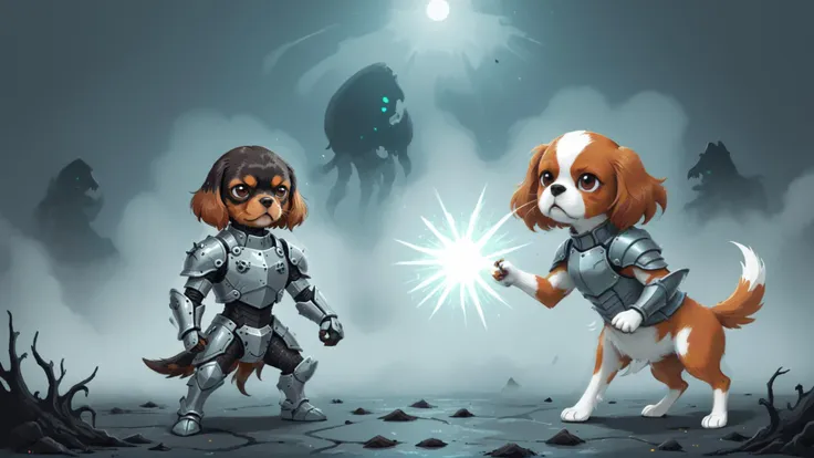 cartoon, drawing, 2d flat illustration of few cute dog wearing ultra-futuristic dog's armor is fighting with eerie xenomorph, cavalier king charles spaniel with brown-white long coat, surreal cosmic horror fog in background, lovecraftian horror storytelling
BREAK complement colors, pixel art effect, vector graphics, sharp outline, flat shading, sticker, NOBLEDOGS_CKCS <lora:Noble_Dogs_XL_CKCS_E27:0.35>, ImgFixerPre0.3,  handwritten text, english text "MK3"  <lora:text_lora:1>