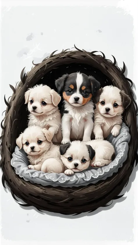 (black and white flat 2d drawing cartoon sticker:1.2) with few puppies laying in cozy nest with white fluff and lace cloth, vector graphics illustration style, digital art drawing, trending on artstation
BREAK NOBLEDOGS_CTS <lora:NOBLEDOGS_CTS-000018:0.13> NOBLEDOGS_CKCS <lora:Noble_Dogs_XL_CKCS_E27:0.05>