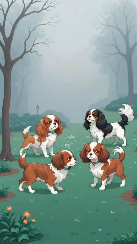 cartoon, drawing, 2d flat illustration of few cute dogs playing with each other in a middle of cozy royal garden, Phalene continental toy spaniel and cavalier king charles spaniel with brown-white long coat, surreal fog in background, pixel art effect
BREAK complement colors, vector graphics, sharp outline, flat shading, sticker, NOBLEDOGS_CKCS <lora:Noble_Dogs_XL_CKCS_E27:0.35>, ImgFixerPre0.3