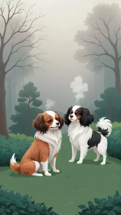 cartoon, drawing, 2d flat illustration of few cute dogs playing with each other in a middle of cozy royal garden, Phalene continental toy spaniel with brown-white long coat, surreal fog in background, pixel art effect
BREAK complement colors, vector graphics, sharp outline, flat shading, sticker NOBLEDOGS_CTS, <lora:NOBLEDOGS_CTS-000018:0.67> ImgFixerPre0.3