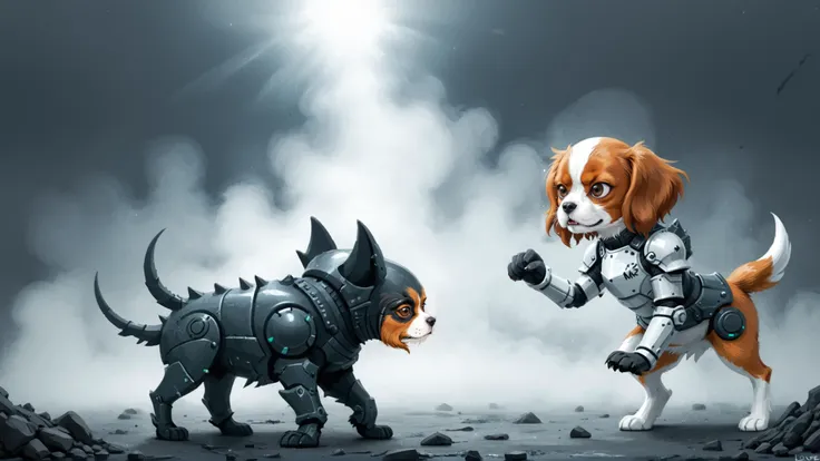 cartoon, drawing, 2d flat illustration of few cute dog wearing ultra-futuristic dog's armor is fighting with eerie xenomorph, cavalier king charles spaniel with brown-white long coat, surreal cosmic horror fog in background, lovecraftian horror storytelling
BREAK handwritten text, english text "MK3", complement colors, pixel art effect, vector graphics, sharp outline, flat shading, sticker, NOBLEDOGS_CKCS <lora:Noble_Dogs_XL_CKCS_E27:0.35>, ImgFixerPre0.3,   <lora:text_lora:1>  <lora:text2:1>