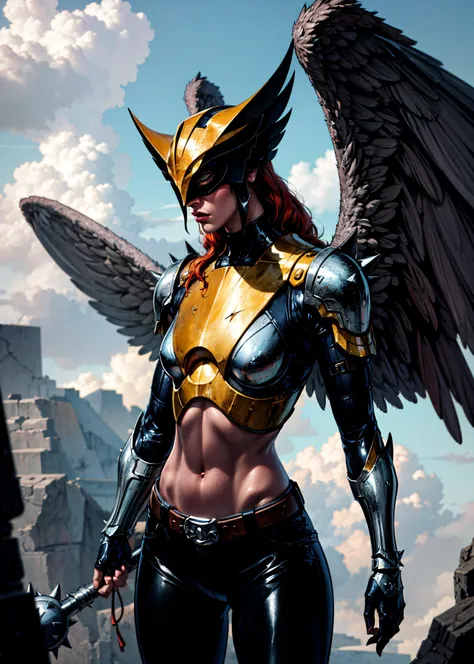 (cowboy shot), (masterpiece), (best quality:1.0), (ultra highres:1.0), highly detailed face and eyes, (photorealistic:1.2)
BREAK
<lora:ShayeraDC:0.7> ShayeraDC, green eyes, mask, metal wings, wings, holding weapon, large spiked mace, electricity
navy-blue plate armor, black pants, midriff, belt,
<lora:more_details:0.5>
BREAK
sky, lightning, clouds