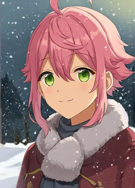 A boy Tori Himemiya has pink short hair with hair between his eyes long sidelocks a curved ahoge and big green eyes is standing outside in a snowy field. He has a smile  <lora:3torihimemiya-08:0.7>