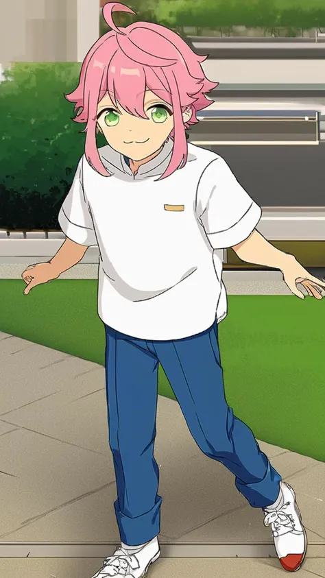 A boy Tori Himemiya has green eyes and short pink hair with an ahoge and long sidelocks. He is in the park, standing on a sidewalk. He is wearing a white shirt with blue trousers. He is smiling. <lora:3torihimemiya-08:1>